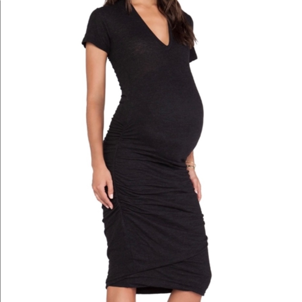 Monrow Maternity Dress Black V neck cotton ruched